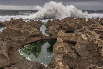 A rocky area with a hole in the ground. The hole is filled with water. The water is brown in colour