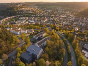 Aerial view of a cityscape with viaduct and surrounding nature, autumn colours, Nagold, Black