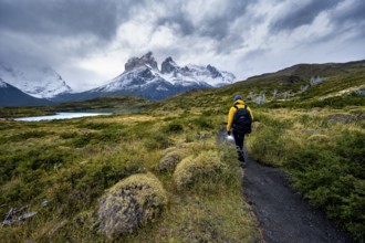 Hikers on the way to the Mirador de los Cuernos, Cuernos del Paine mountain range, dramatic sky,