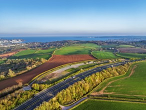 Farms and Fields over Torquay from a drone, Devon, England, United Kingdom
