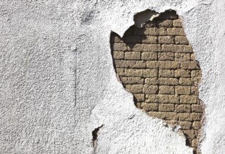 Building damage, wall damage, flaking plaster and wall paint, bricks