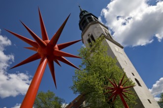 Artwork by Otto Piene entitled Fireworks for Celle in front of the tower of the town church in the