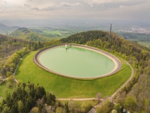 Upper reservoir, water reservoir embedded in a green and wooded landscape, Glems reservoir, Swabian