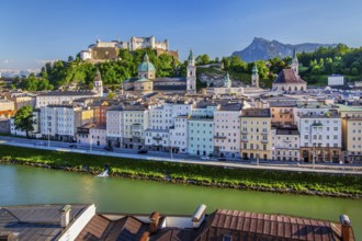 Panoramic view from the Kapuzinerberg over the Salzach to the old town with the Hohensalzburg