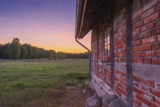 View along an outer wall of a half-timbered barn standing on a pasture in the sunset, meadow,