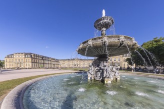 Schlossplatz Stuttgart with New Palace and fountain with fountain bowl. Place of interest in