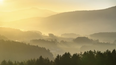 Landscape with forest, meadows and mountains around the town of Bad Kötzting, with a part of the