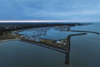 Sunset over Marina in Le Verdon-sur-Mer from a drone, Nouvelle-Aquitaine, Gironde, France, EuropeLe