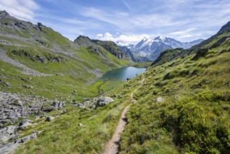 Hiking trail in a picturesque mountain landscape, view of the Lac du Louvie mountain lake and