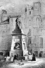 A street scene in Barcelona, Spain, around 1705 with the Old Man Fountain, digital reproduction of