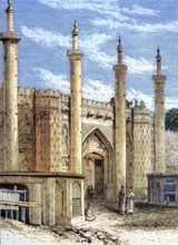 The South Gate of Tehran, Iran, coloured wood engraving, reproduction of a model from ca 1888,