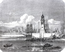The lighthouse in the harbour of Barcelona in 1875, Spain, digitally enhanced reproduction from a