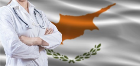 Doctor with crossed arms on Chipre flag. Chipre health and care concept. Female doctor on Chipre
