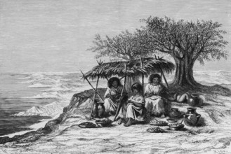 Indian tavern with three woman under trees on a hill, lake, mountain landscape, shelter, jug with