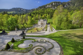 Water parterre with the portal of Linderhof Castle in spring, municipality of Ettal, Ammergau Alps,