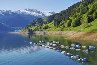 Motorboats moored at the reservoir, snow-covered Alps in the background, Lake Wägital, Canton