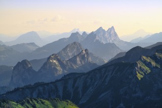 View from Mount Gantrisch, sunset over the Fribourg Pre-Alps, Canton of Bern, Switzerland