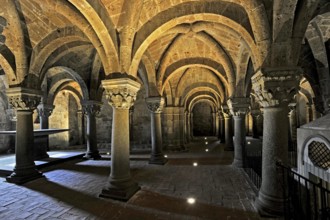 Vault, altar, columns, capitals and canopy in the underground grove of columns, pagan crypt, 10th