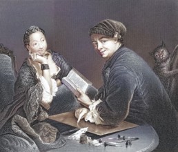 Engraver Georg Friedrich Schmidt with copper plate, burin, book in conversation with a noble lady,
