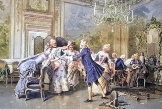 Blind man's buff game of fine society, coloured wood engraving, reproduction of a model from ca