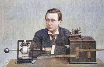 Marconi and his telegraph apparatus. Guglielmo (since 1924 Marchese) Marconi (1874-1937) was an