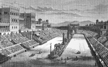 Roman chariot race in the circus, digital reproduction of a historical model