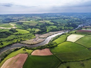Farms and Fields over River Dart from a drone, Stoke Gabriel, Totnes, Devon, England, United