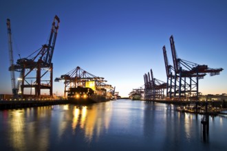 Container ships at Eurogate container terminal and Burchardkai in the evening, Port of Hamburg,