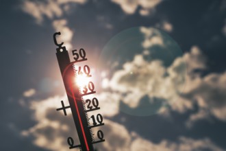 Symbolic image heat wave, thermometer in the sun, summer, climate change, temperature, record heat,