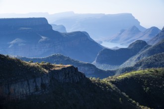 View of the Blyde River gorge, Lowveld Viewpoint, in the evening light, canyon landscape, Blyde