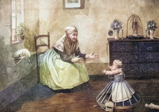 Toddler with walking aid taking his first steps towards his grandmother, coloured wood engraving,