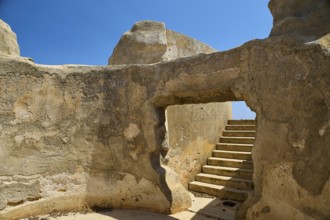 Entrance to ruined structure with stairs and blue sky, Lost Place, Air Defence Position, Aerophone,