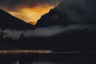 Surreal light atmosphere at sunrise at Plansee, Tyrol, in the Alps in Austria