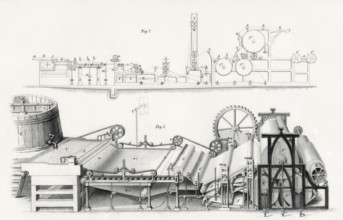 Papierherstellungsmaschine aus dem 19. Jahrhundert. Aus der Cyclopaedia of Useful Arts and