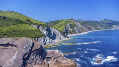 Breathtaking aerial view of the iconic zumaia flysch cliffs meeting the vibrant turquoise waters of