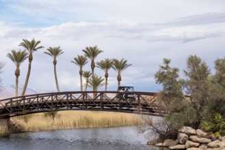Golf cart crossing a golf cart bridge over an inlet of the Las Vegas Wash at Lake Las Vegas in
