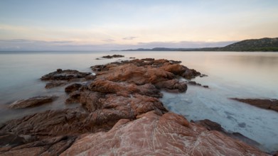Rocky coast, sunrise, Plage de Palombaggia, Corsica, France
