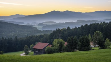 Landscape with forest, meadows and mountains around the town of Bad Kötzting, with the Kaitersberg