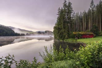Lake Blaibach on a cloudy morning. Fog over the lake, rising water vapour. Blaibach, district of