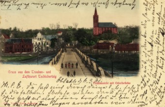 Historical postcard, picture postcard, Oder bridge in the spa town of Tschicherzig in Silesia,