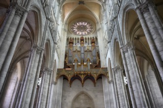 Interior view, west gallery, main organ, rose window, Cathédrale Notre-Dame d'Amiens, Amiens,