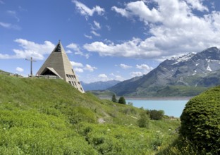 View to the left of the Mont Cenis Pyramid Museum Musée Museo Mont Cenis in the background dam wall