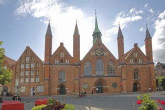 Holy Ghost Hospital with pointed towers, Brick Gothic, Brick building, Old Town, Lübeck,