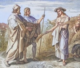 Biblical story, Ruth cleaning in the field of Boaz, a Judean landowner from Bethlehem, digitally
