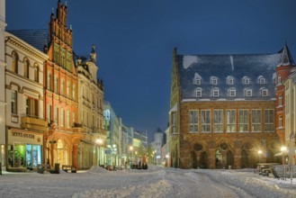 Market place winter snow illuminated Minden Germany