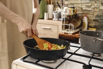 A person stirs a colorful mix of fresh vegetables in a frying pan on a stove in a cozy kitchen.