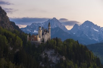Neuschwanstein Castle after sunset with alpine landscape, Schwangau near Füssen, Ostallgäu