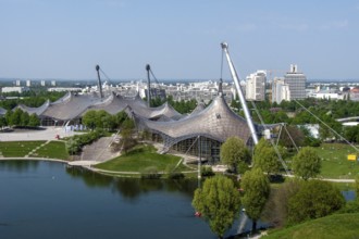 View from the Olympiaberg to the Olympic Lake, Olympic Hall, Olympic Swimming Pool, Olympic Park,
