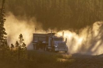 Transport truck driving on a dusty forest track, Province of Quebec, Canada, North America