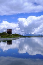 Garnet Chapel, Mario Botta, with snow pond Finkenberg, Penken, Mayrhofen, Zillertal, Tyrol, Austria